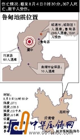 8月3日，救援人員在云南魯?shù)榭h地震現(xiàn)場救援。該地發(fā)生6.5級地震，為14年來最大震級。新華社發(fā)